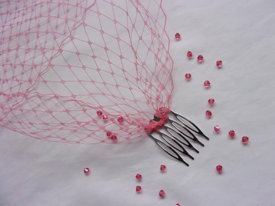 Pretty Coral Flamingo Pink Birdcage Bandeau Bridal Wedding Veil 