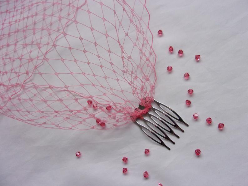 Pretty Coral Flamingo Pink Birdcage Bandeau Bridal Wedding Veil 