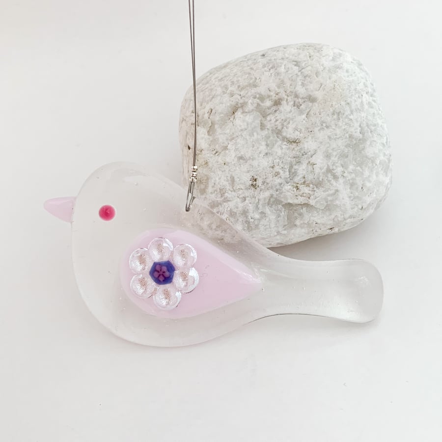 Fused Glass Pink Bird Hanging  - Handmade Glass Decoration