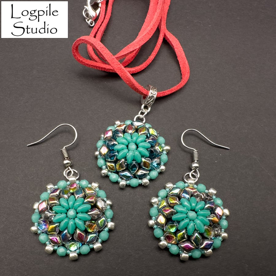 Silver Plated Teal and Multi-colour Glass Bead Pendant and Earrings Set
