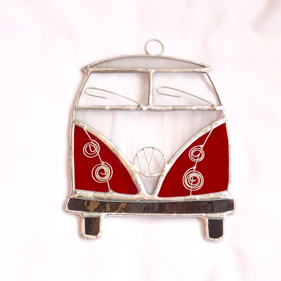 Stained Glass Camper Van Suncatcher - Handmade Hanging Decoration White and Red