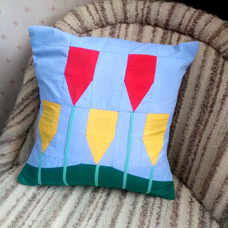 Patchwork cushion cover with tulip design. Unusual quirky cushion