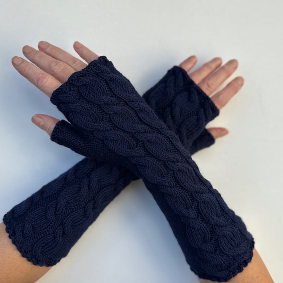 Fingerless gloves long navy blue wrist warmers