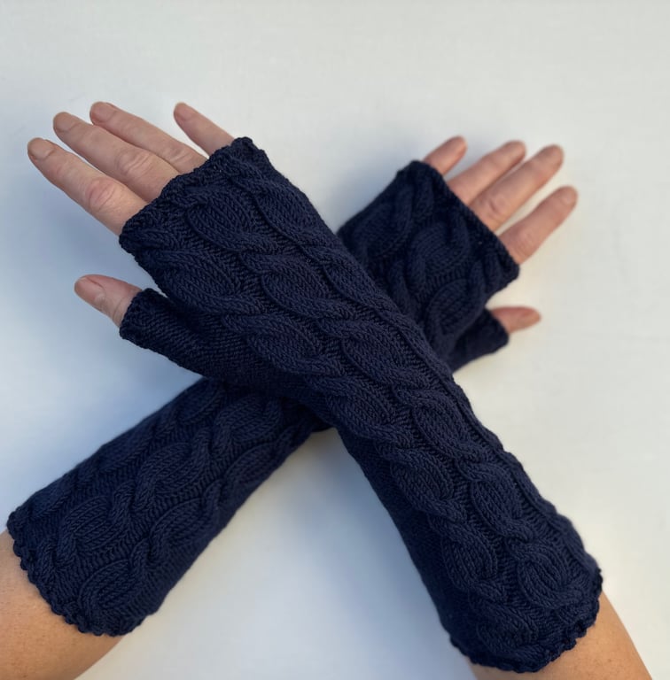 Fingerless gloves long navy blue wrist warmers