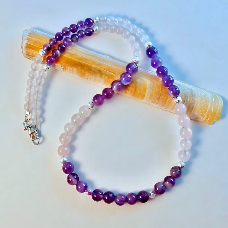Amethyst, Rose Quartz & Crystal Necklace, Birthday Anniversary, Gifts For Her