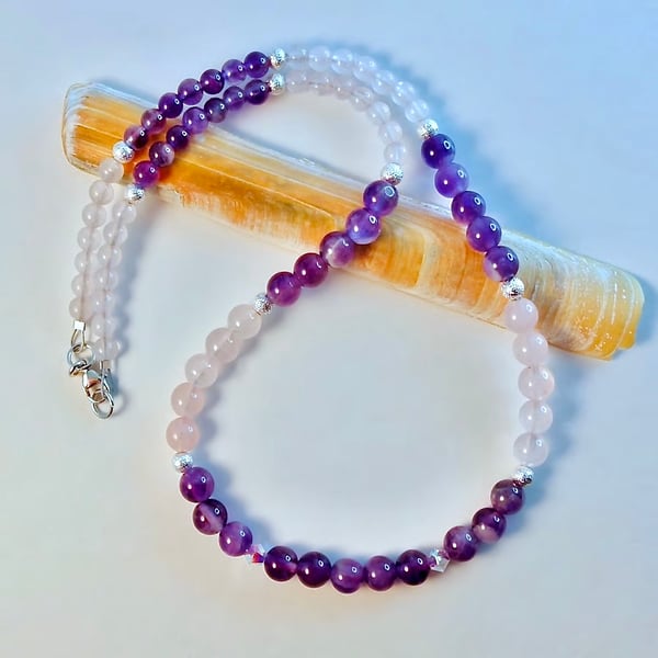 Amethyst, Rose Quartz & Crystal Necklace, Birthday Anniversary, Gifts For Her