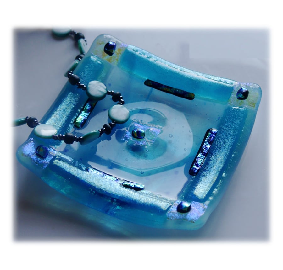 Fused Glass Trinket Dish 9cm Turquoise Bordered Dichroic 035