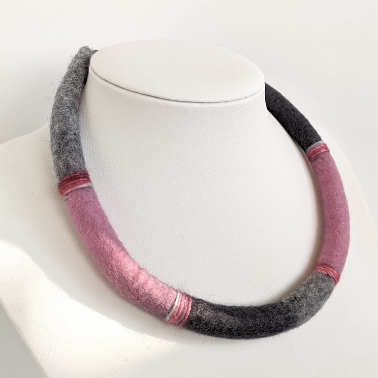 Felted cord necklace - shades of greys and pink