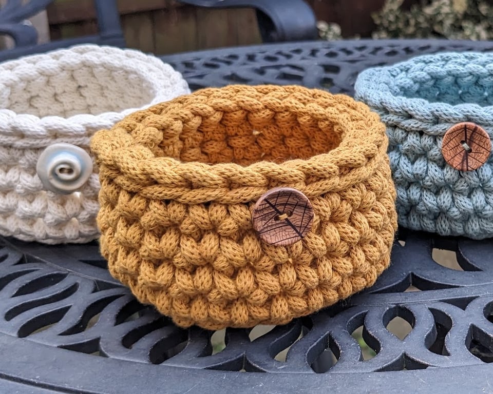 Crochet container, storage pot, desk tidy, recycled