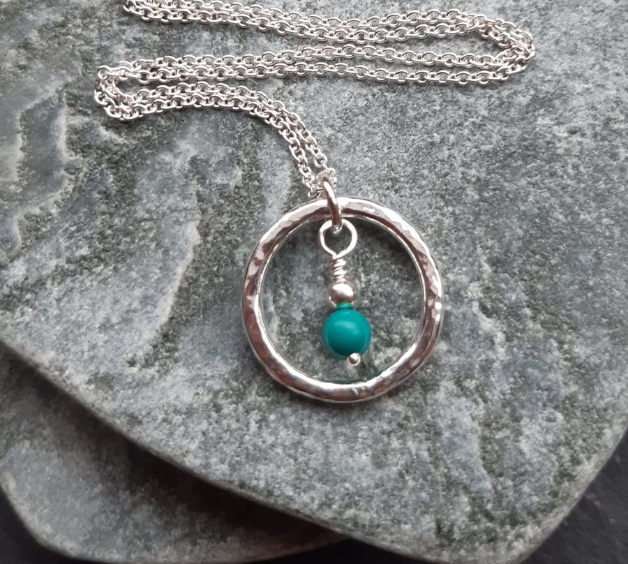 Sterling Silver Circle Pendant With Turquoise Sterling Silver Chain 