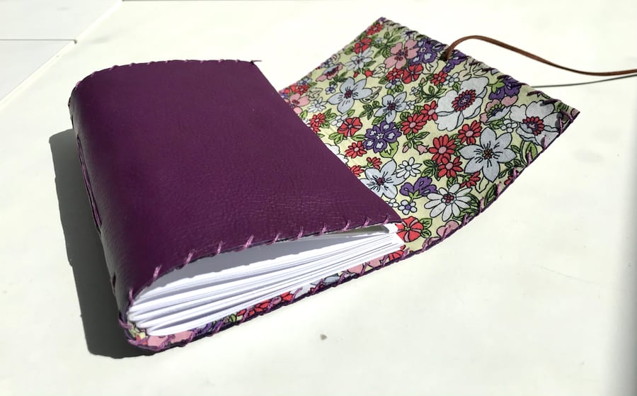 A6 Fold over handmade Leather purple notebook journal floral fabric lining