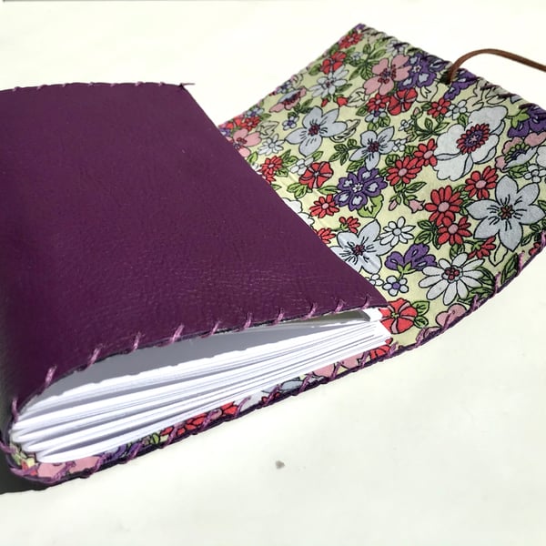 A6 Fold over handmade Leather purple notebook journal floral fabric lining