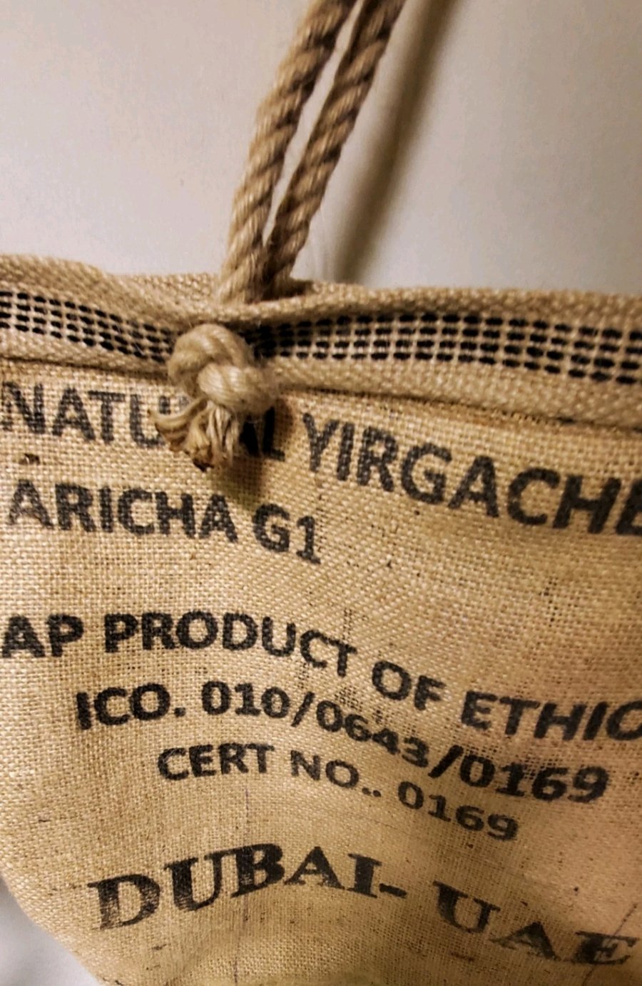 Upcycled jute coffee sack tote bag.