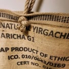 Upcycled jute coffee sack tote bag.