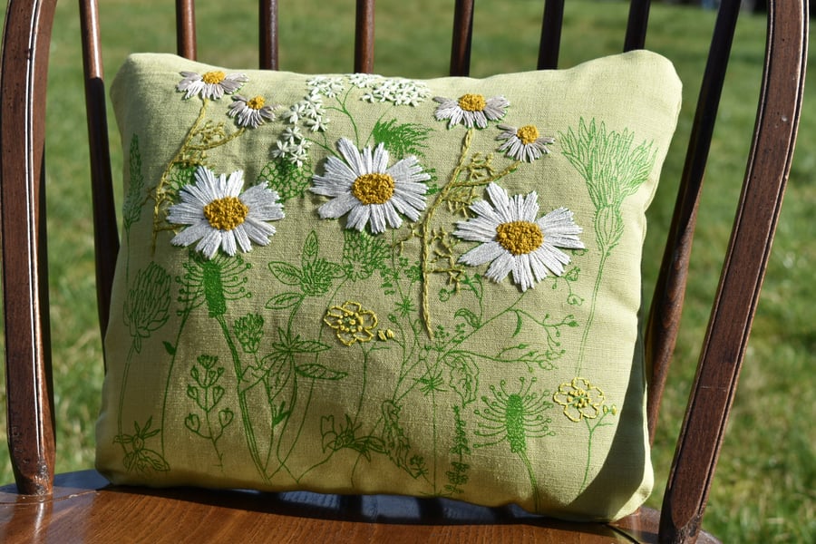 Apple green - Daisies and Buttercups- Screen printed cushion 