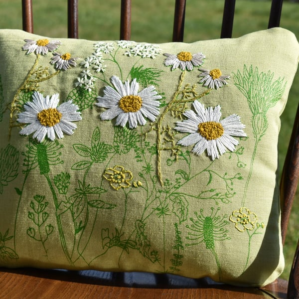 Apple green - Daisies and Buttercups- Screen printed cushion 