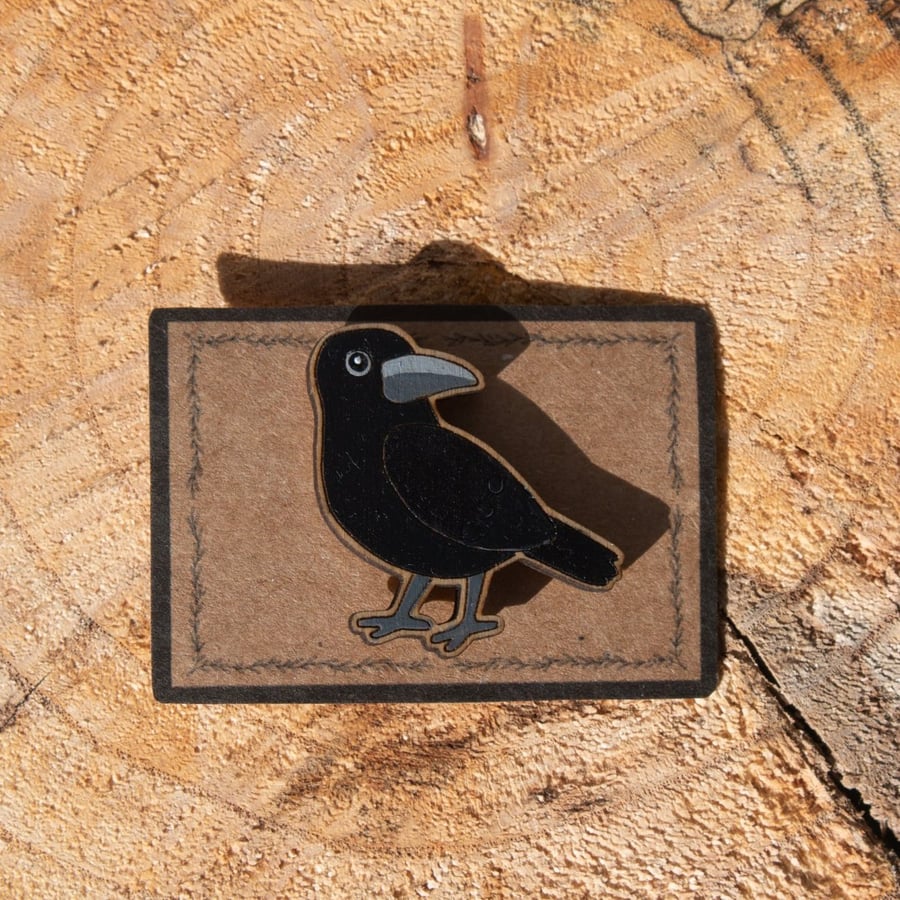 Crow Pin - Hand Painted Wooden Pin Badge