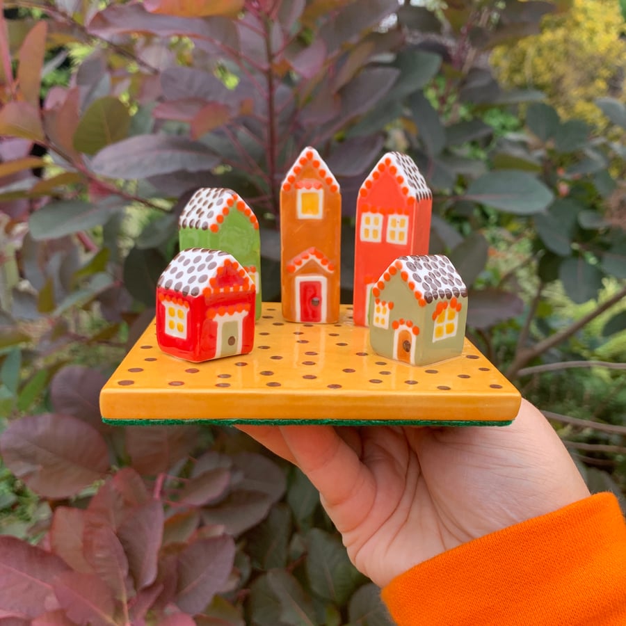Hand Painted Ceramic Autumn Houses, Autumnal Pottery Ornament