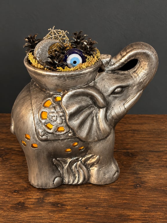 Upcycled Elephant Light. Evil Eye & Crescent Moon Mystical Home Décor