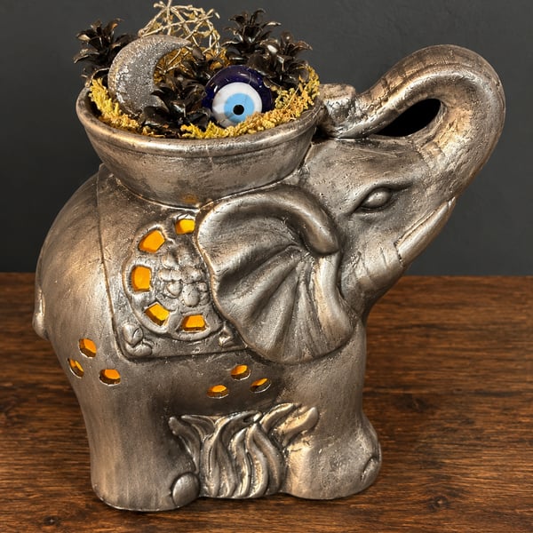 Upcycled Elephant Light. Evil Eye & Crescent Moon Mystical Home Décor