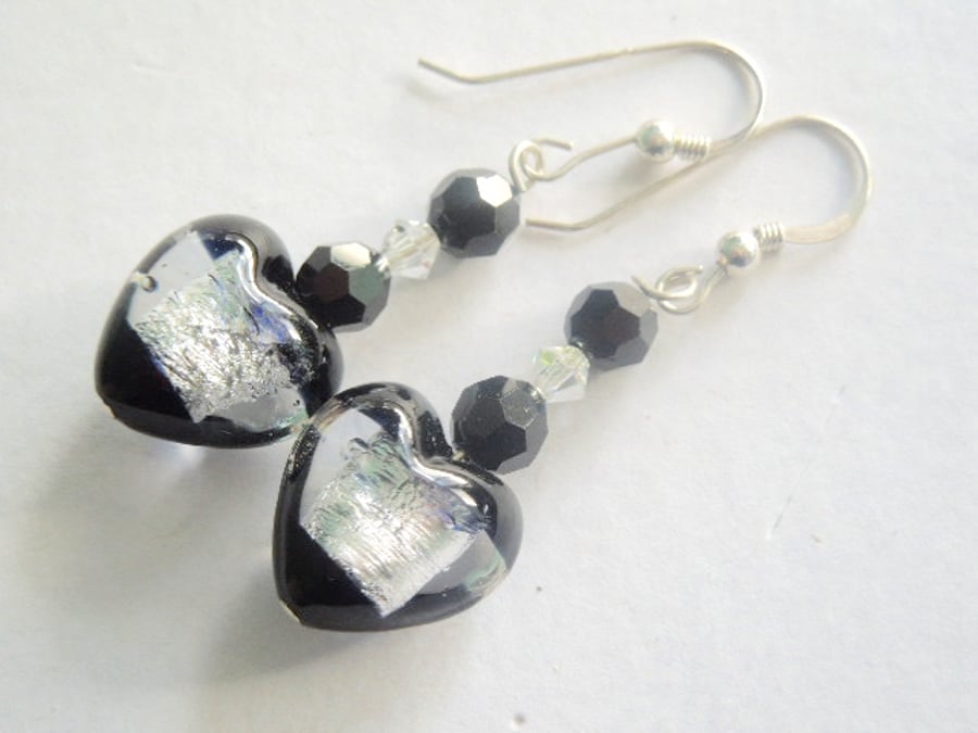 Silver and black Murano glass heart earrings with Swarovski and sterling silver.