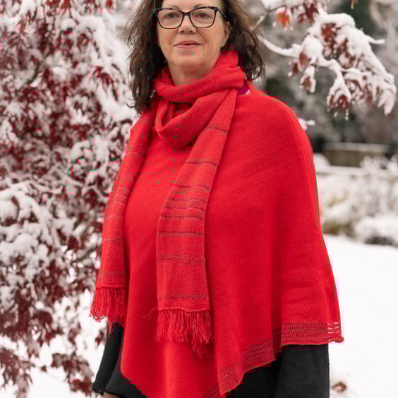 Christmas Berry Red Poncho. Glitter Edging poncho. Winter Red Poncho.