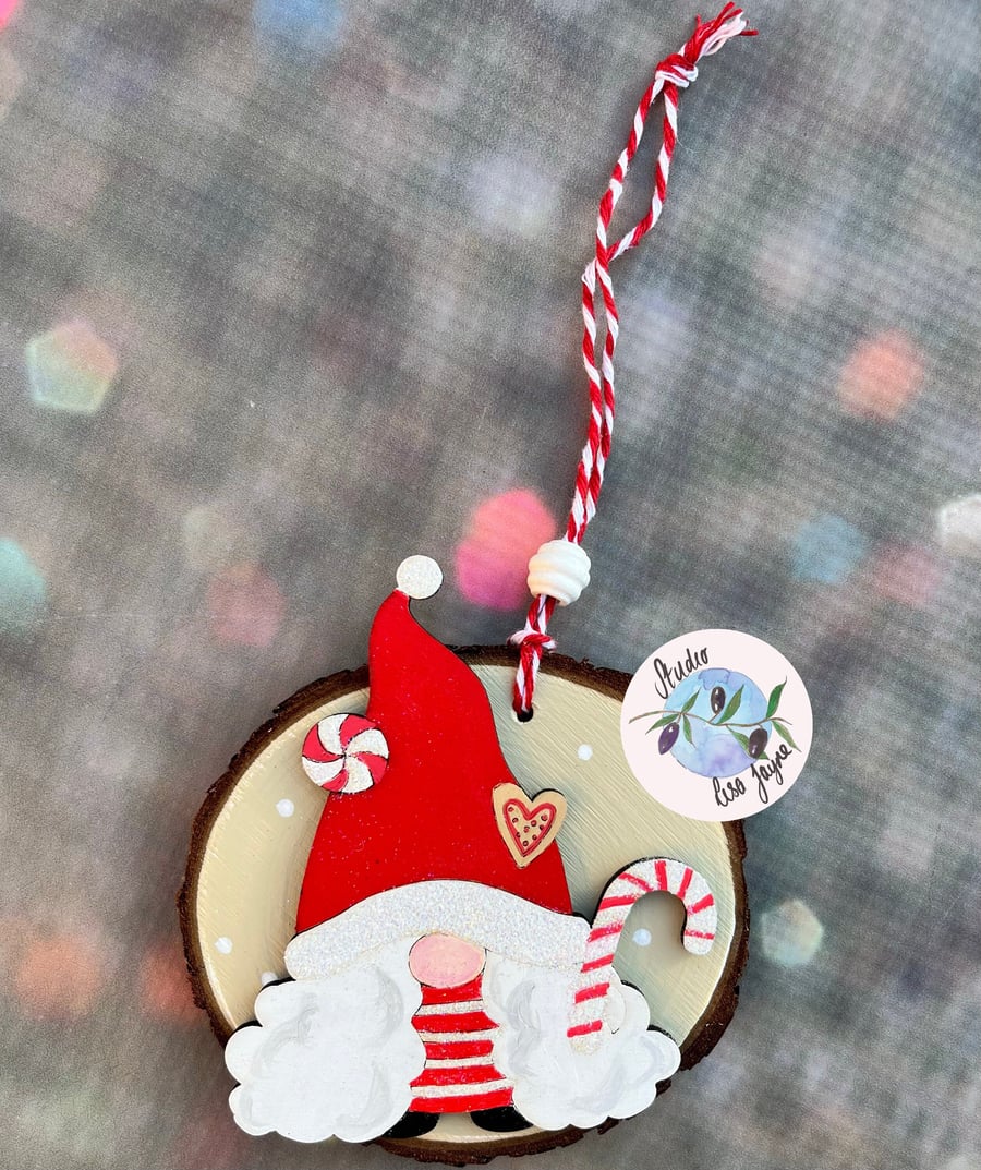 Gnome Gonk Hand Painted Log Slice Christmas Decor - Candy Cane