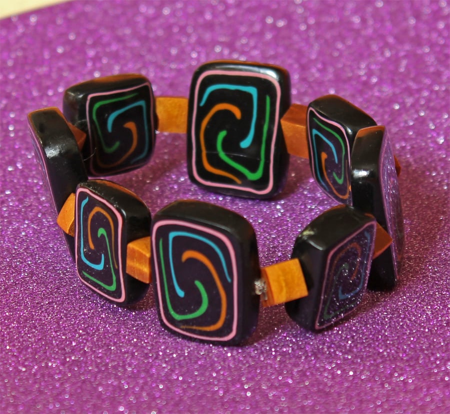 Sale - Bead Bracelet - Handmade Polymer Clay - Primitive Spirals !