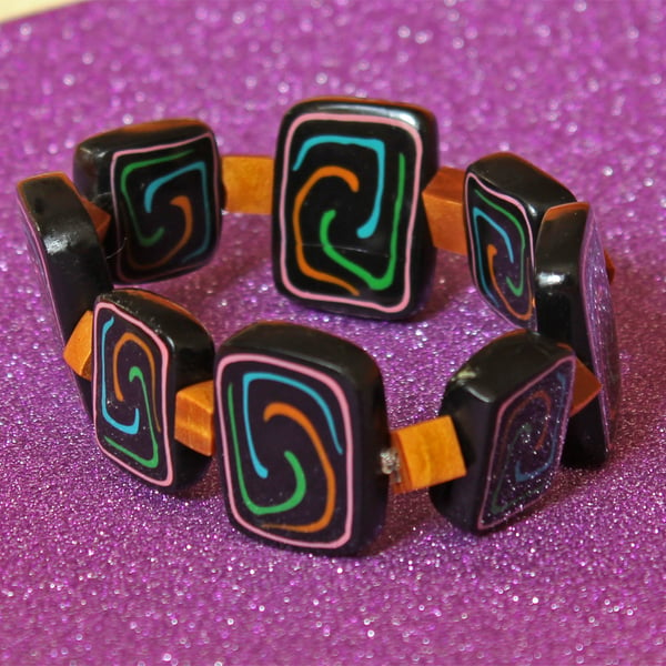 SALE  Bead Bracelet - Handmade Polymer Clay Tile  Bracelet - Primitive Spirals !
