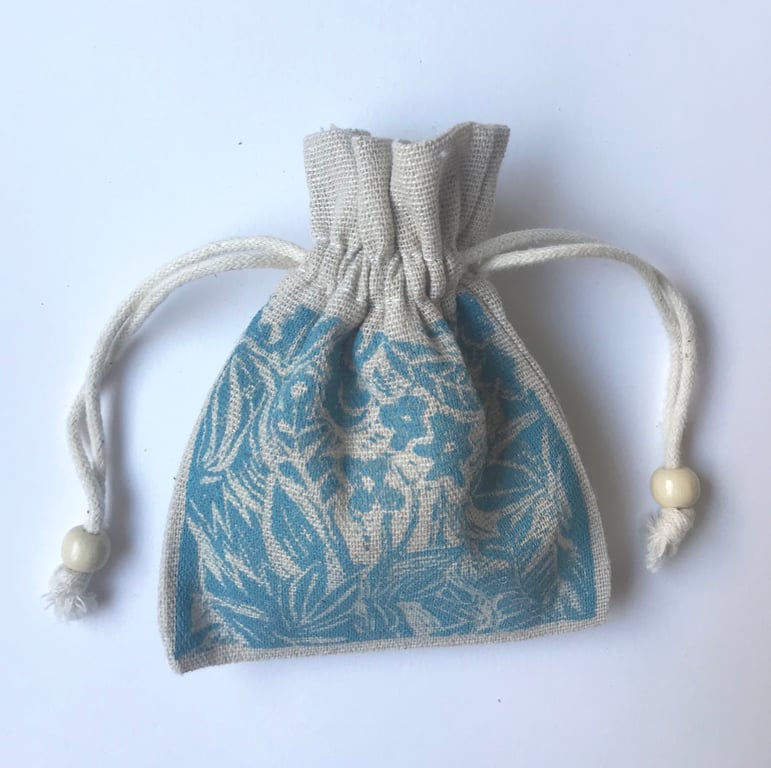 Wild Garden small fabric gift bag hand printed block print drawstring cotton bag