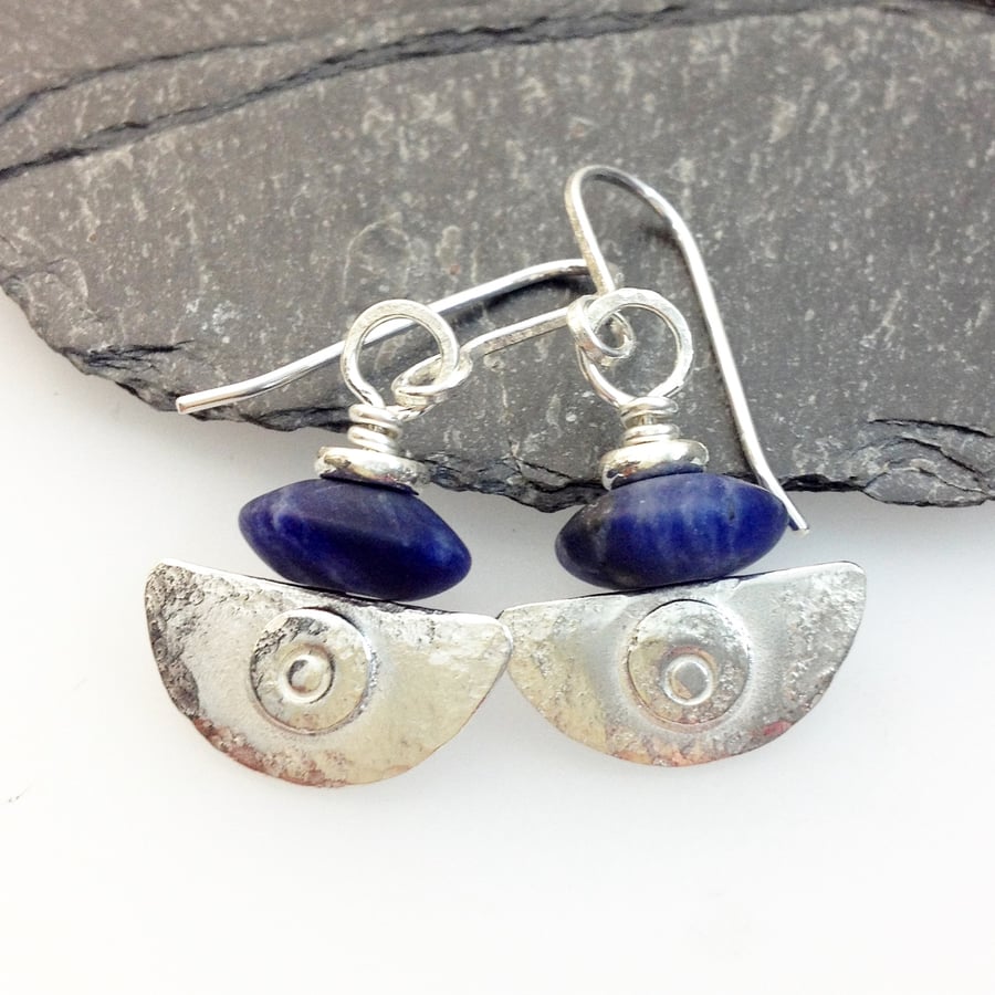  silver and blue sodalite earrings Ulu tribal blade