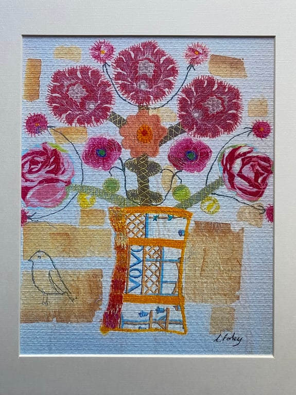 Folk art style, flowers in a vase, original art print
