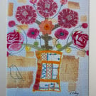Folk art style, flowers in a vase, original art print