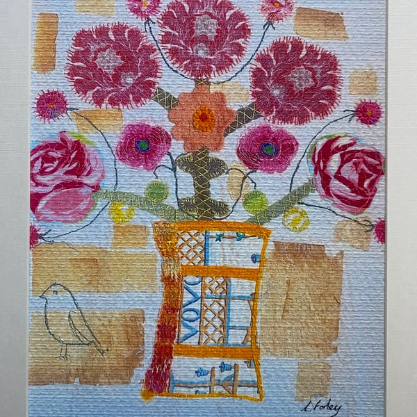 Folk art style, flowers in a vase, original art print