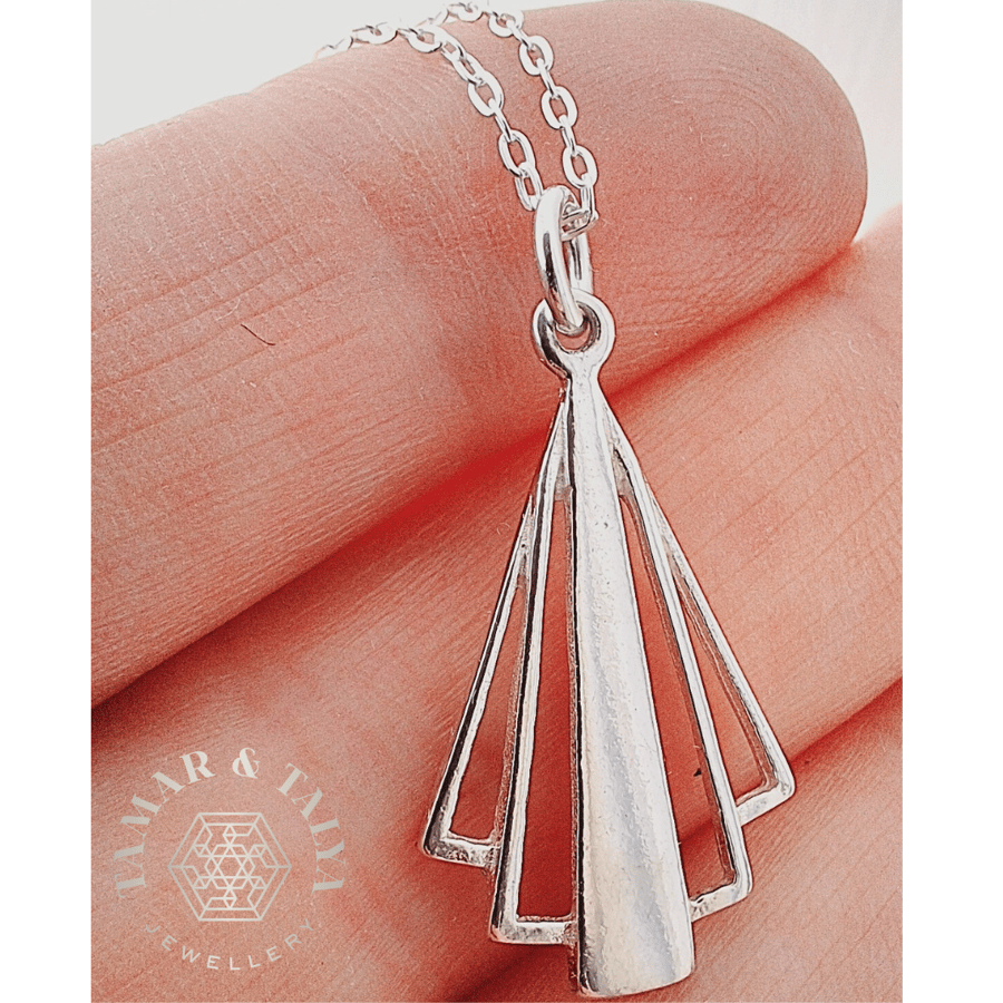 Deco necklace Sterling Silver Deco Pendant SHINY Finish 18"- 30" Chain Length