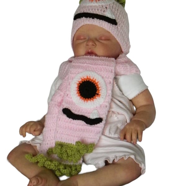 Pink Crochet Baby Hat and Scarf Set, Halloween Monster Theme