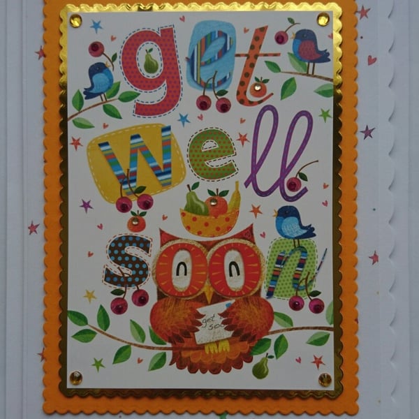 Get Well Soon Card Cute Owl with Birds and Fruit 3D Luxury Handmade Card