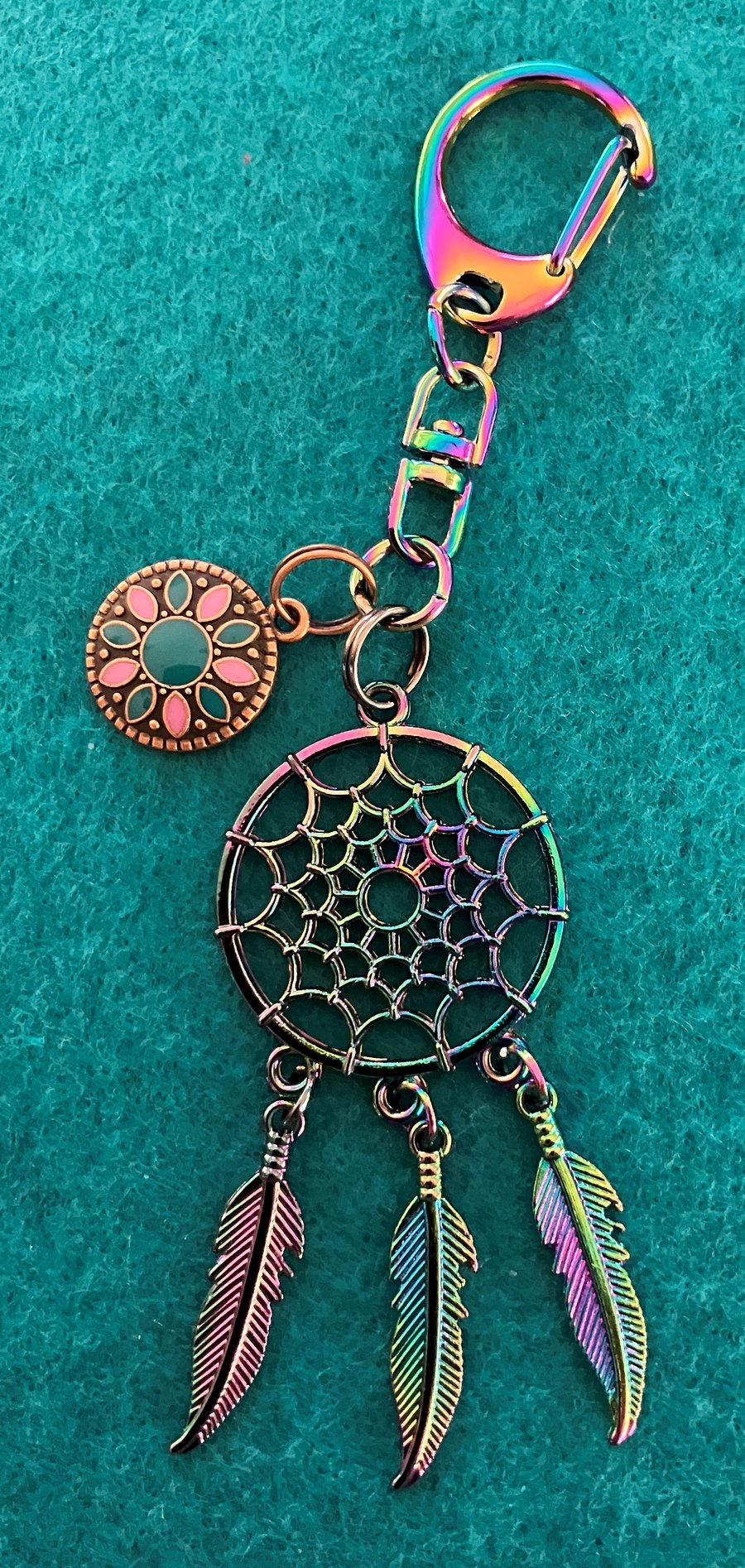 Rainbow coloured metal Dreamcatcher Bag charm with feathers