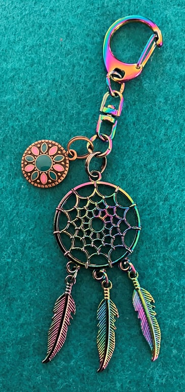 Rainbow coloured metal Dreamcatcher Bag charm with feathers