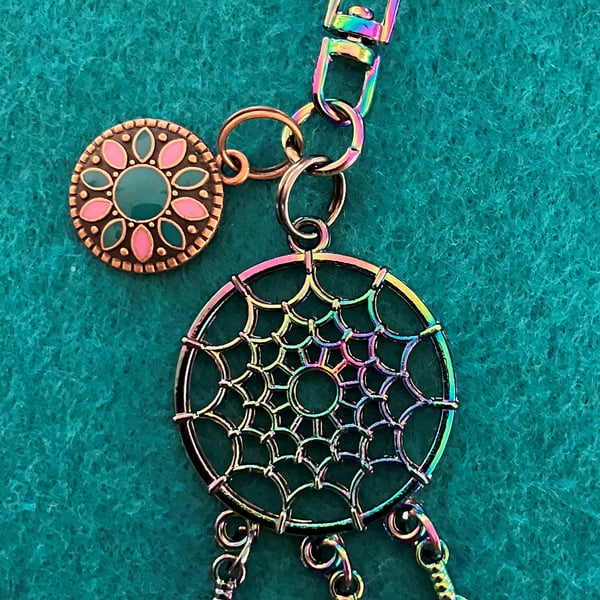 Rainbow coloured metal Dreamcatcher Bag charm with feathers