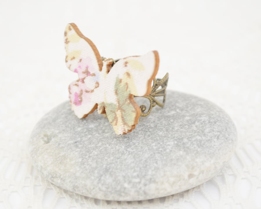 Statement Ring with Decoupage Wooden Butterfly