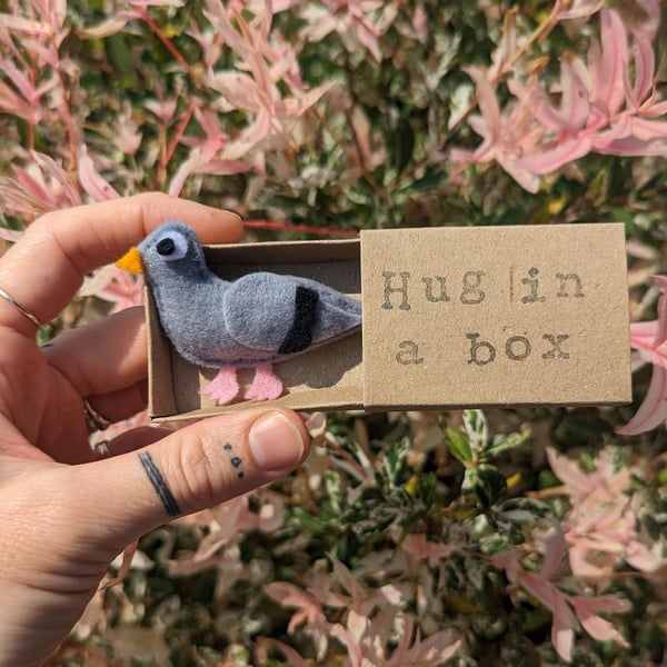 Pigeon, hug in a box, felt pigeon, handmade pigeon, pigeon fan