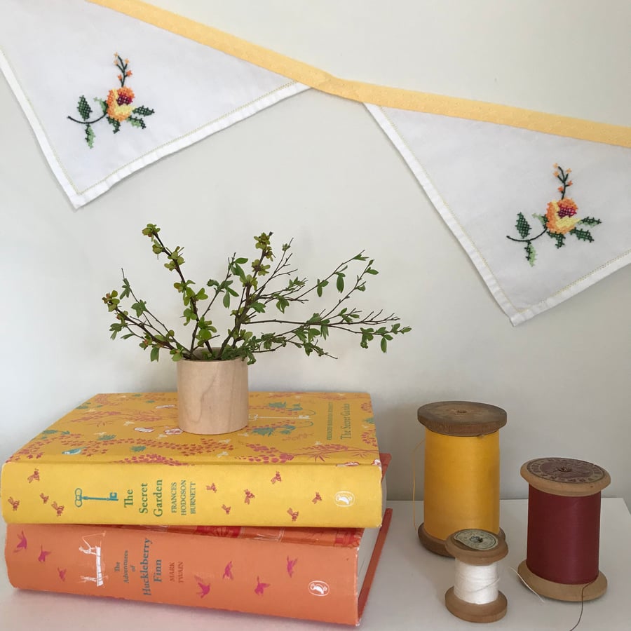 Unique vintage embroidered bunting