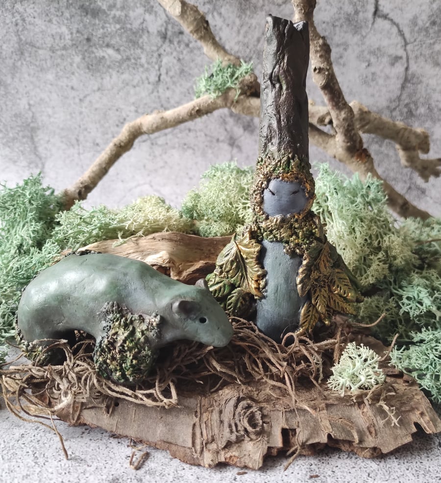 Dryad and Bear Statues, Forest Guardian Statues, Ancient Woodland Spirits