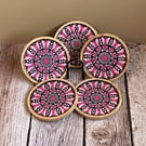 Coaster Set of 5 Pink Mandala Hand Painted Unique With Metal Coaster Holder