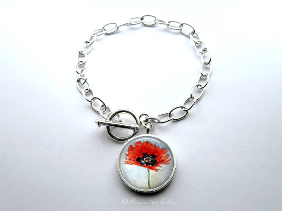 Silver Plated Poppy Flower Art Large Link Charm Bracelet With Toggle