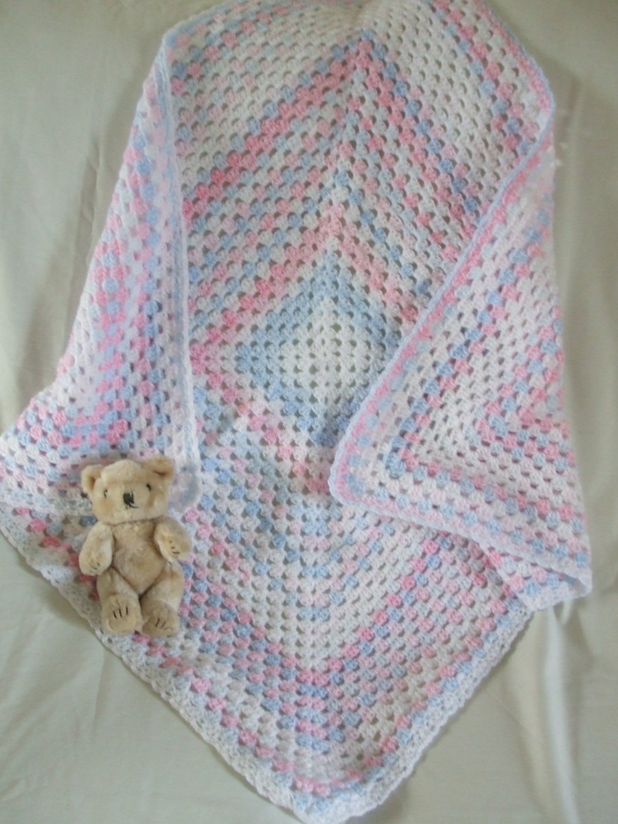 Crocheted Baby blanket in pink white and blue Folksy