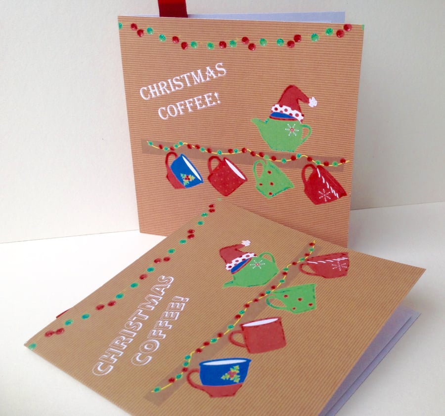 Christmas Card PK of Five,'Christmas Coffee' Theme,Handmade Xmas Cards