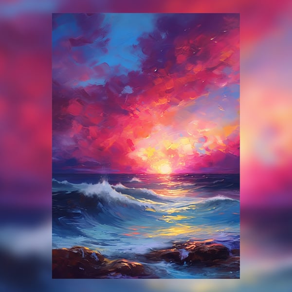 Sunrise over the Ocean, Oil Painting Print, Seaside Themed Art, 5x7