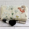 Make up bag, cosmetic bag with chaffinch, daisies and cow parsley